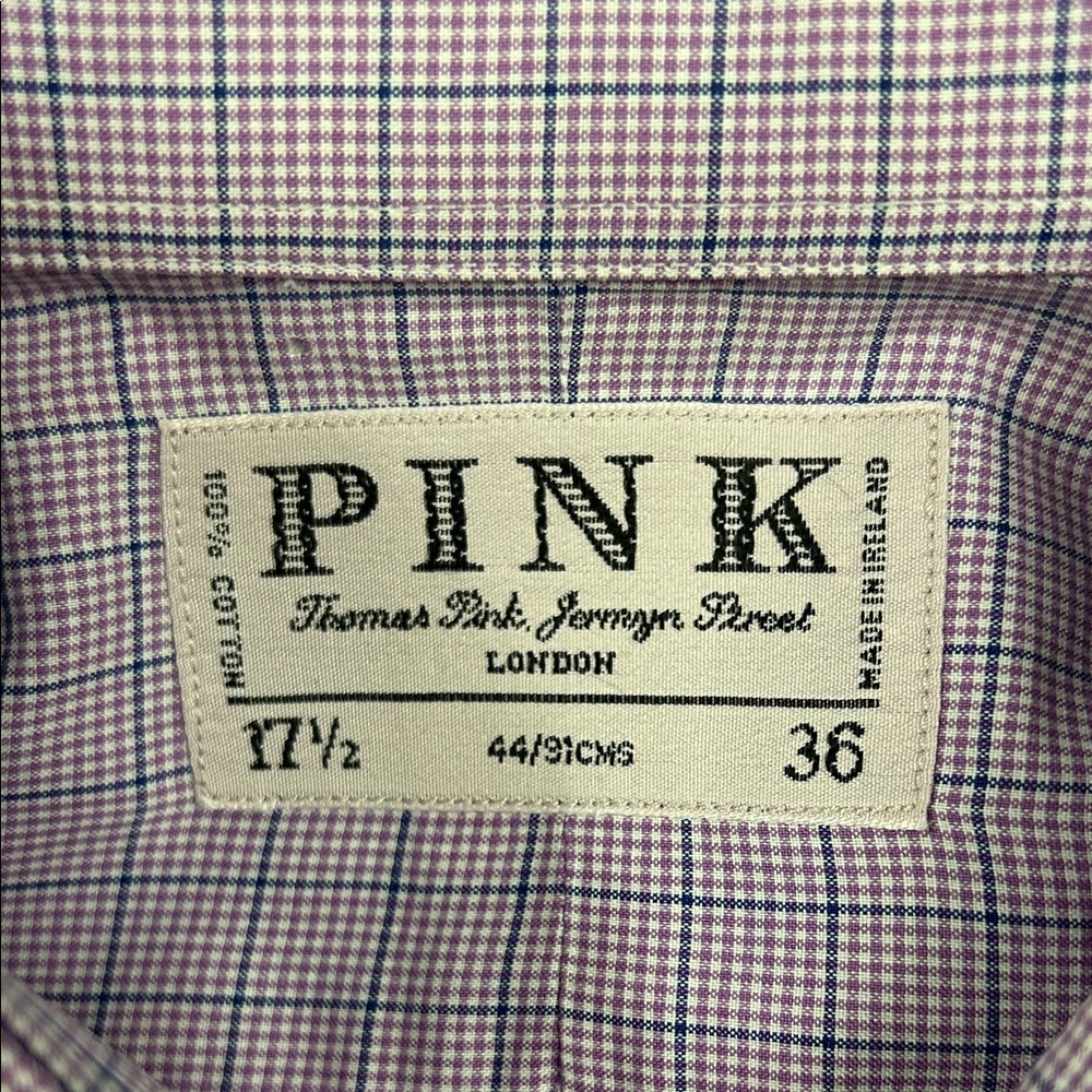Thomas PINK Men's 17.5/36 cuff links shirt Plaid Dress Shirt excellent condition